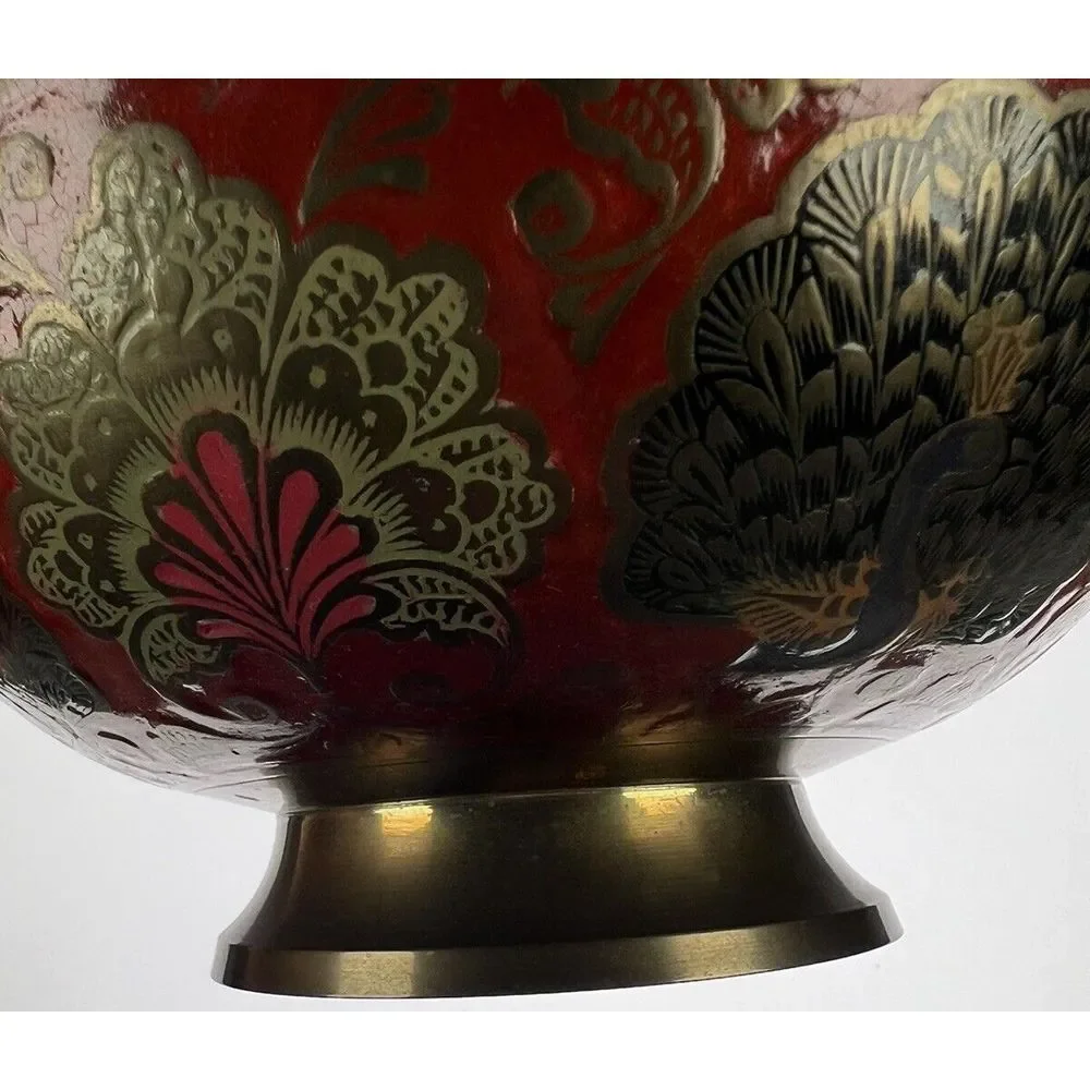 Vintage Enesco Imports Enameled Solid Brass Peacock‎ Bowl Made in India (8c7)